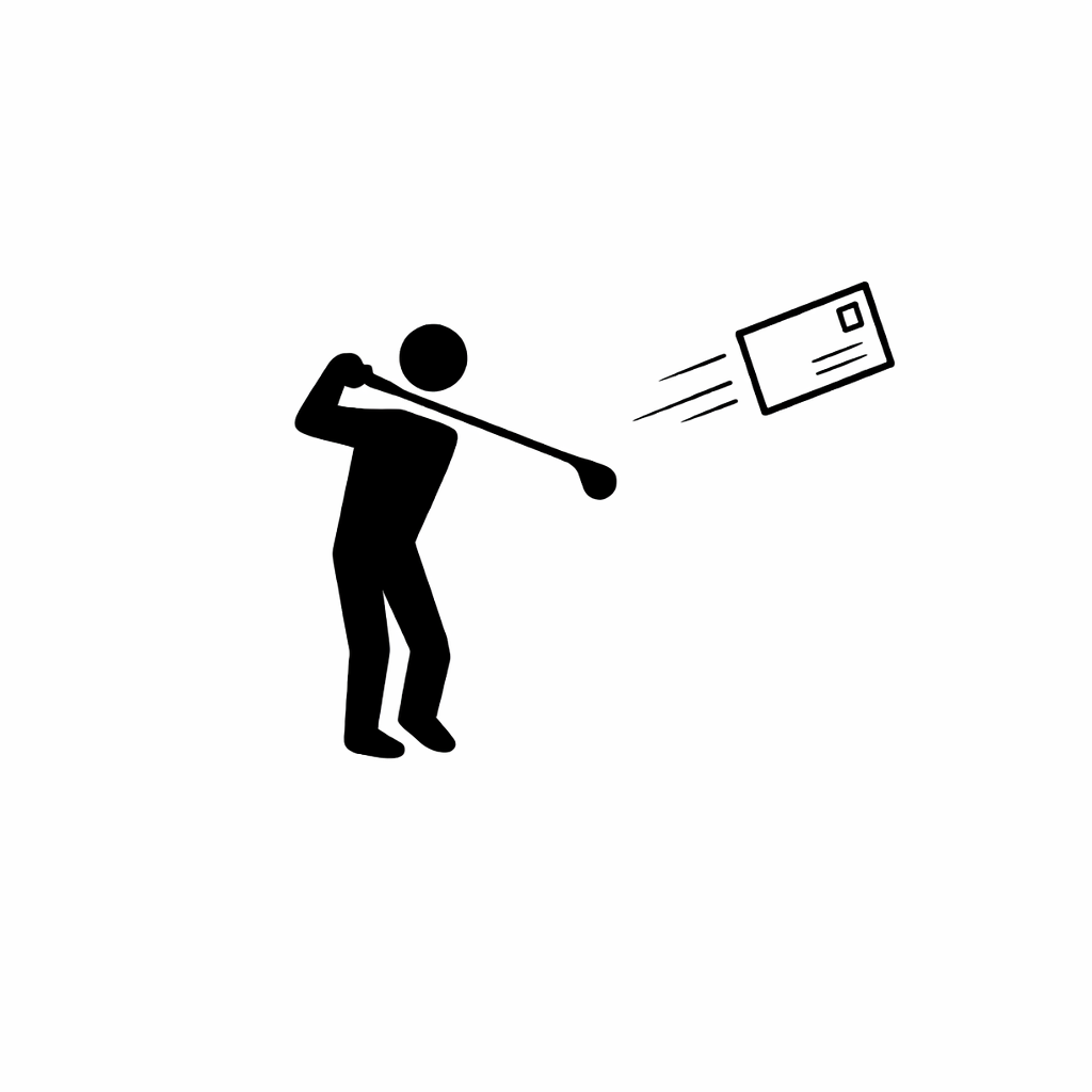 pictogram of a golfer in the final swing phase swinging at a postcard-shaped golfball